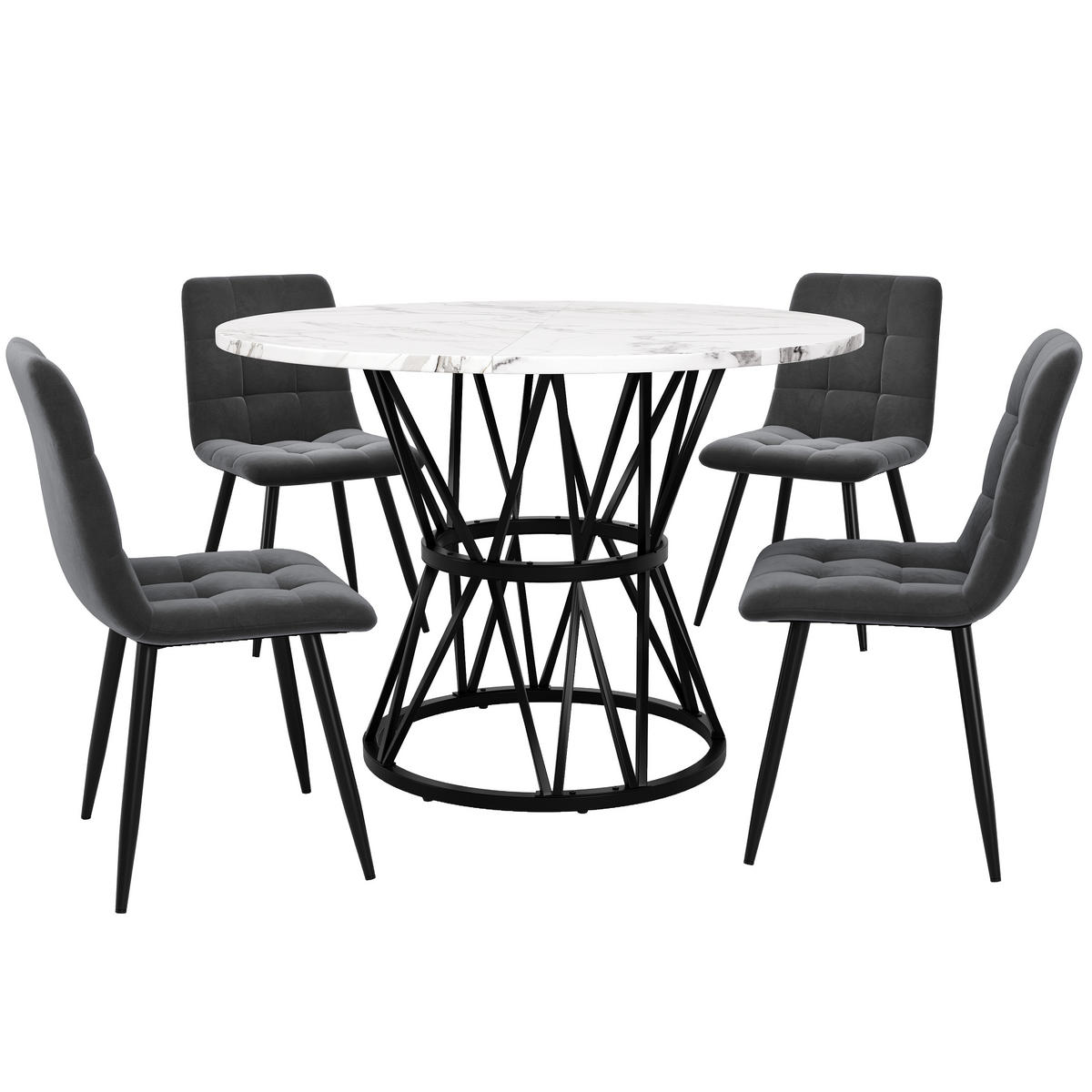 ESSTISCHSET 5-Teilig Rund 100 Cm, MDF Marmor, 4 Graue Samtstühle, Schwarz - Schwarz, Holzwerkstoff (65.99/27.99/70cm) - FLIEKS