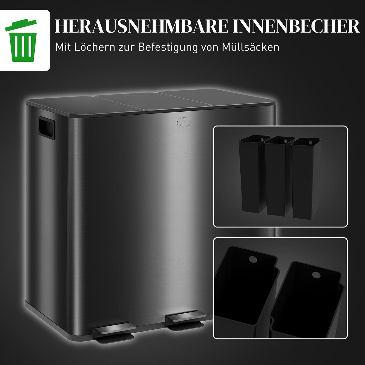 MÜLLEIMER 3x20L Abfalleimer aus Edelstahl mit Softclose Deckel Deodorant-Fächern - Anthrazit, Metall (36.6/43.2/61.9cm) - HOMCOM
