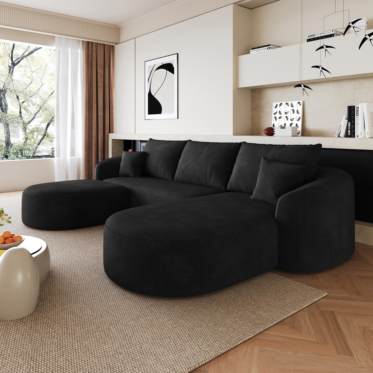 WOHNLANDSCHAFT Schwarz 266/168/85 cm 5-Sitzer Modular Chenillebezug - Schwarz, Textil (266/85/168cm) - PANGIVO