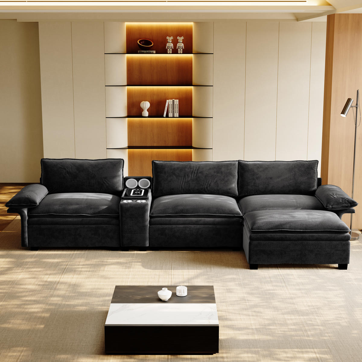 4-SITZER ECKSOFA Chenille Schwarz mit Stauraum, LED und USB - Schwarz, Holzwerkstoff/Textil (315/70cm) - WISHDOR