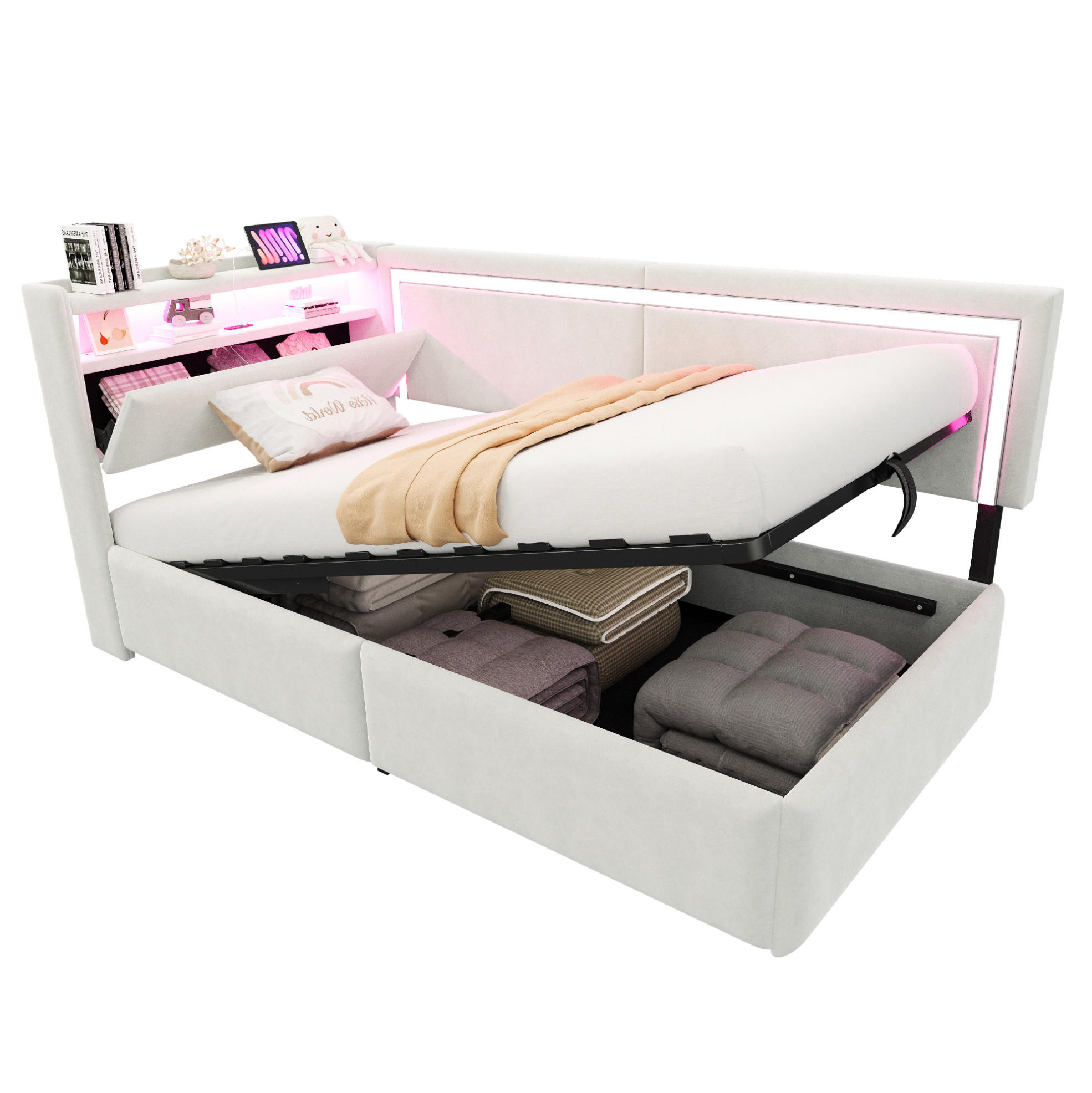 ROZKLADACIA posteľ 90/200 cm béžová zo zamatu s LED osvetlením USB portmi a úložným priestorom - béžová, textil (90/200cm) - OKWISH