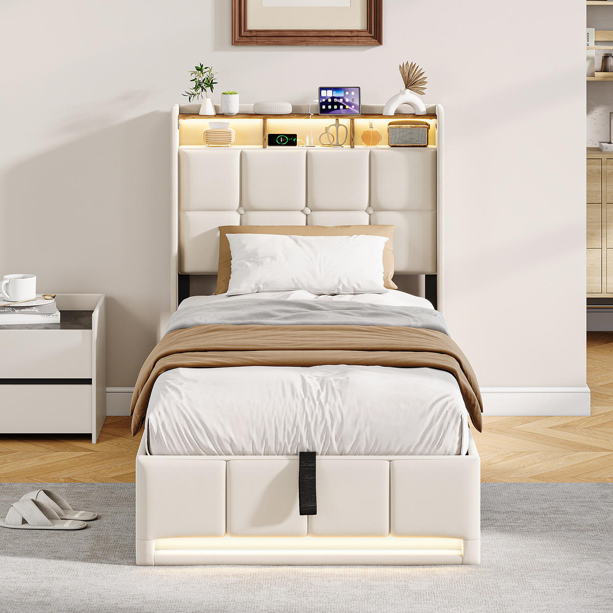 POLSTERBETT 90x200 cm Beige mit LED Beleuchtung, Kopfteil mit Stauraum und USB/Type-C, hydraulisches Stauraumbett - Beige, Metall (90/200cm) - EuroLiving