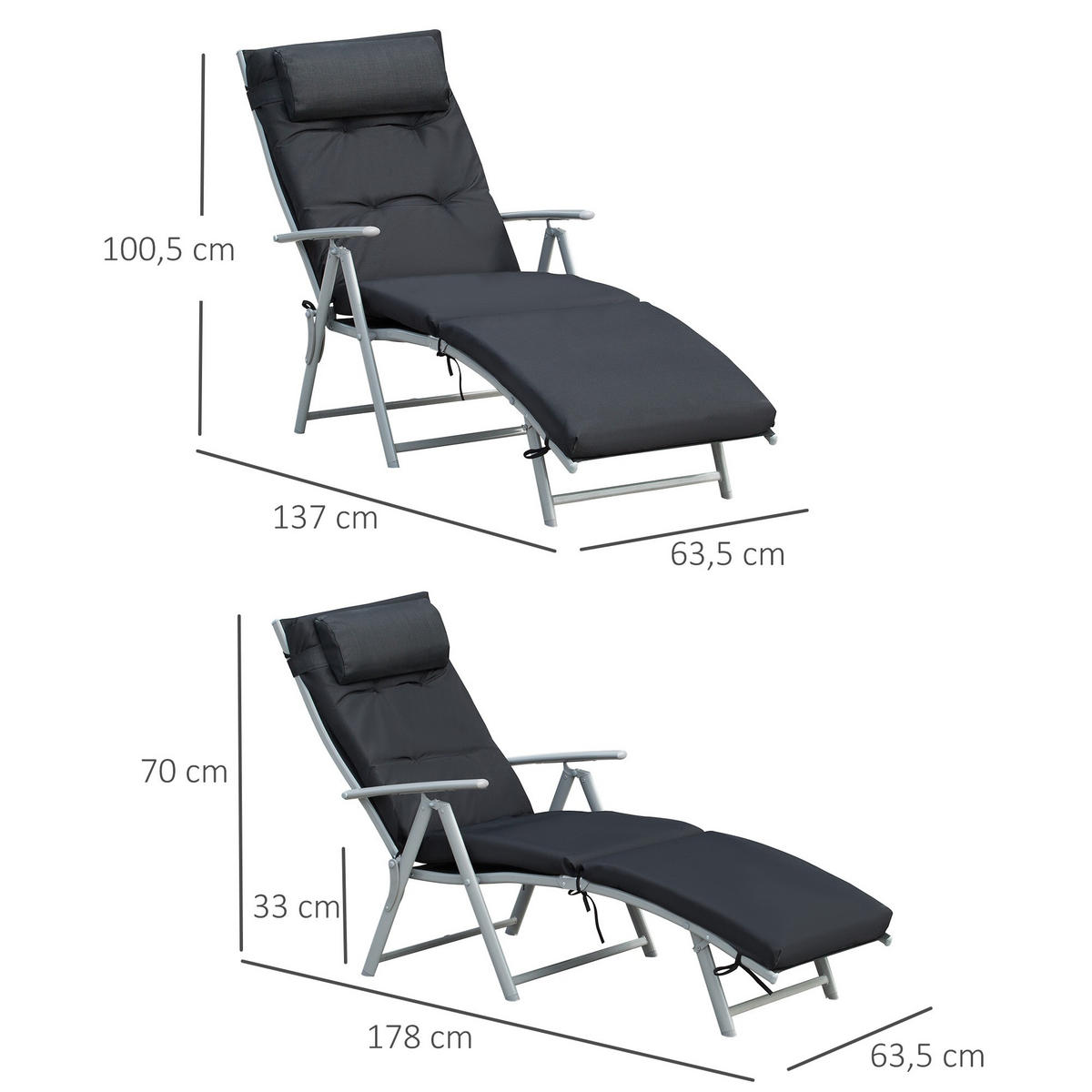 SONNENLIEGE DE-13549 7-fach verstellbar mit Matratze & Armlehnen Schwarz - Schwarz, Metall (63.5/100.5/137cm) - ComfortXL