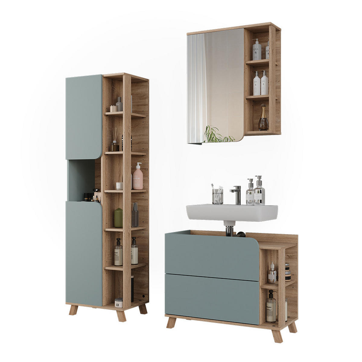 BADMÖBEL-SET Karen, Blau/Sonoma, 3-teilig - Dunkelblau/Sonoma Eiche, Holzwerkstoff (80/65/35cm) - Vicco