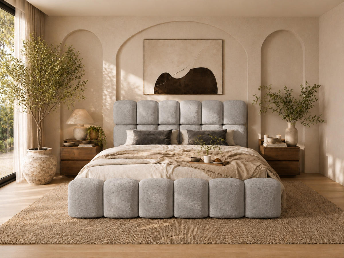 POLSTERBETT TESSA 140x200 cm in Grau, gepolstertes Kopfteil, Metalllattenrost, Bettkasten, Bouclé-Stoff - Grau, Holz/Textil (140/200cm) - EMLAR Home