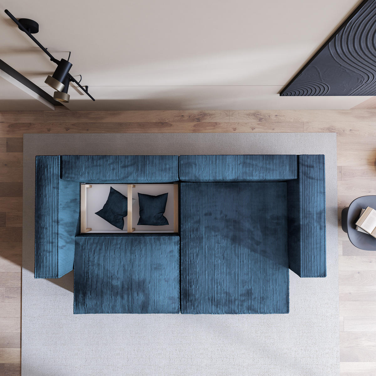 ECKSOFA NERIO P Blau Kordstoff mit Schlaffunktion - Blau, Holz (245/148cm) - MASSENO