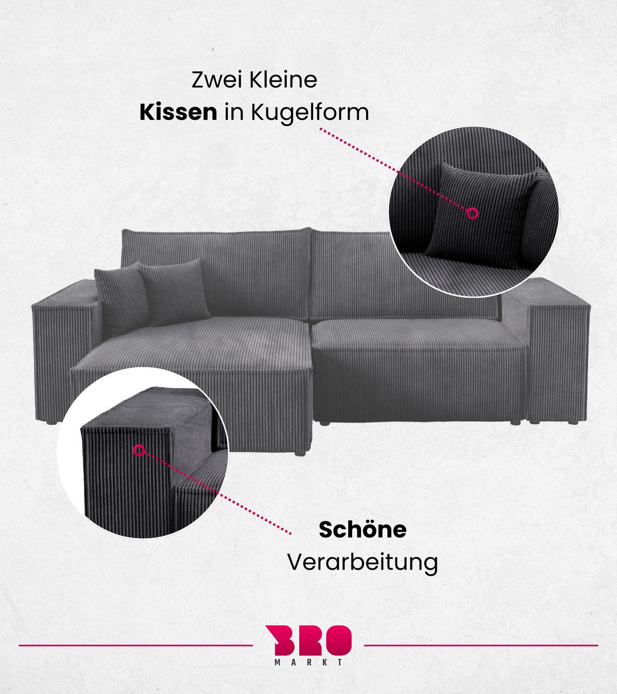 ECKSOFA Pedro mit Schlaffunktion Schwarz Cord - Schwarz, Textil (255/153cm) - Bromarkt