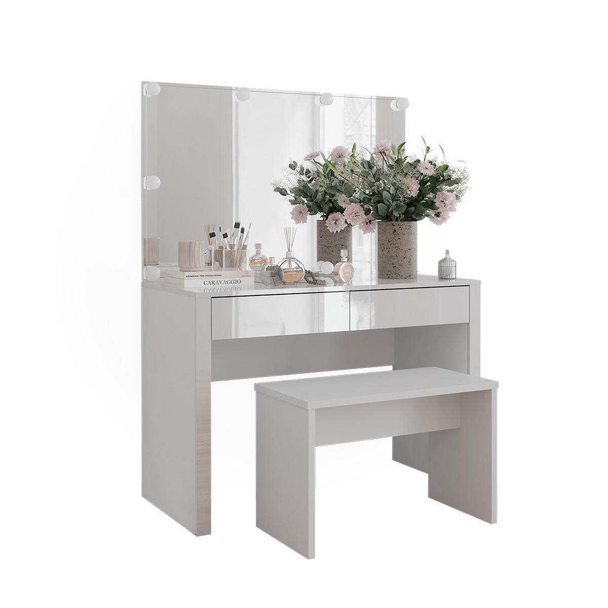 SCHMINKTISCH Annabelle Weiß Hochglanz/Weiß 110 cm mit LED-Beleuchtung und Bank - Weiß Hochglanz/Weiß, Holzwerkstoff (110/75.5/50cm) - Vicco