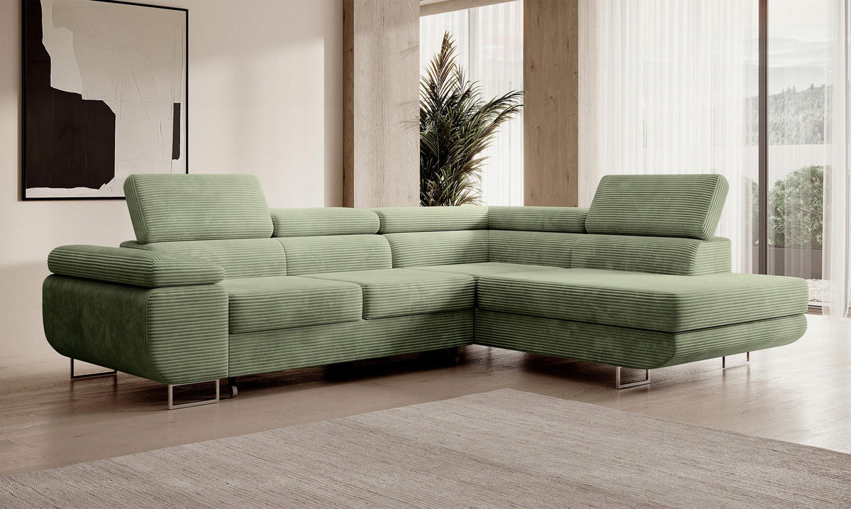 ECKSOFA Stevil Salbeigrün Cordbezug - Salbeigrün/Silberfarben, Textil/Metall (275/203cm) - Selsey