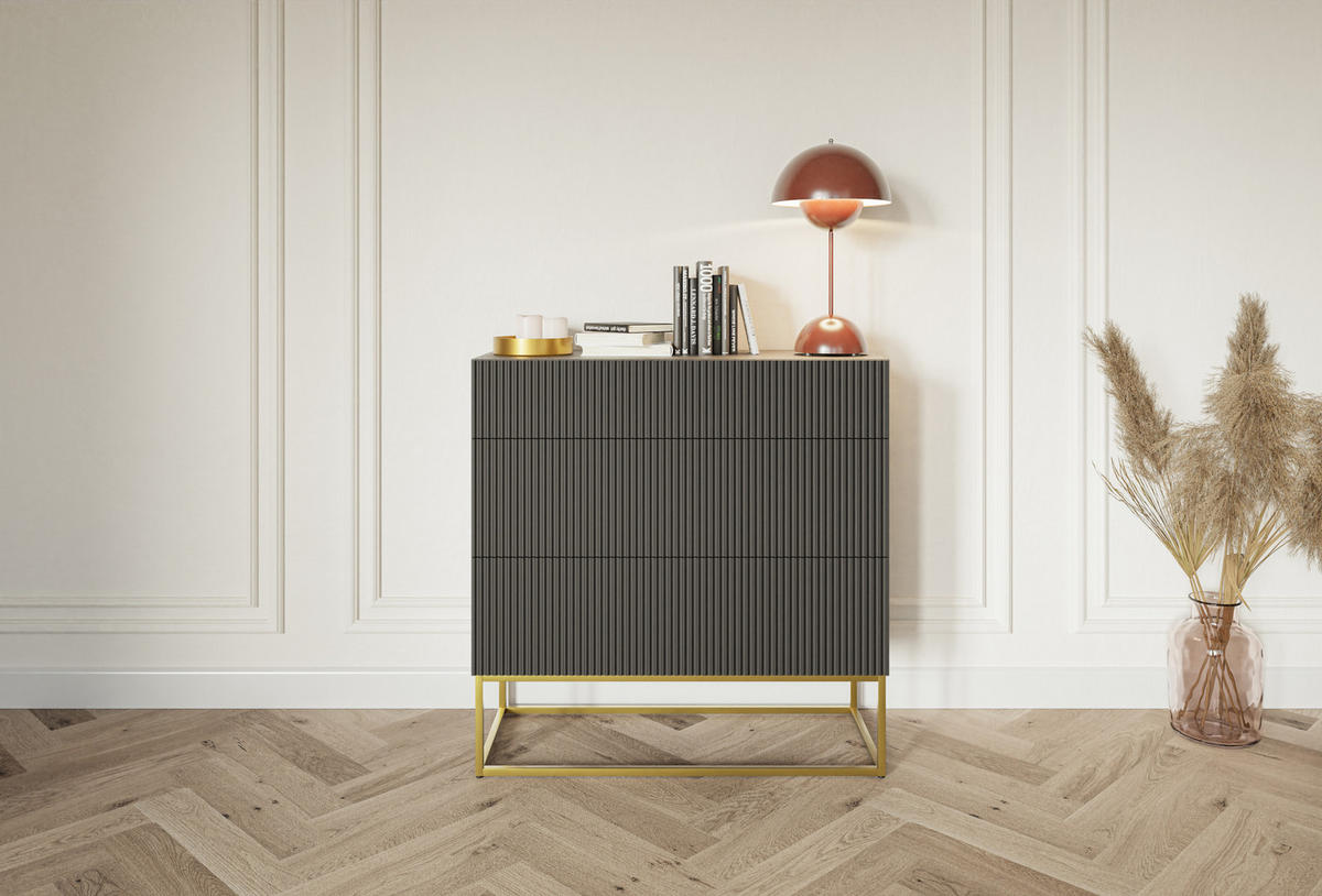 KOMMODE Veldio Schwarz mit 3 Schubladen 90 cm - Goldfarben/Schwarz, Holzwerkstoff/Metall (90/90/38cm) - Selsey