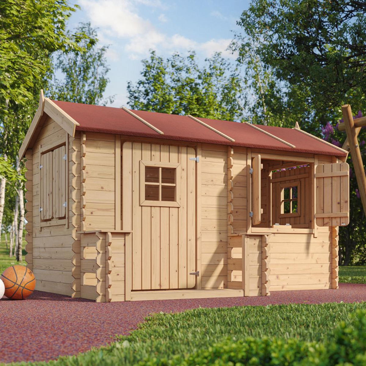KINDERSPIELHAUS aus Holz - B178xL241xH151 cm/2,63m2 - M503 - Beige, Holz (241/151/146cm) - Timbela