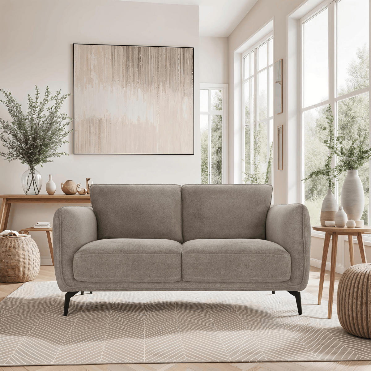 ZWEISITZER-SOFA Webstoff Beige - Beige/Schwarz, Textil/Metall (158/85/85cm) - Furnhouse