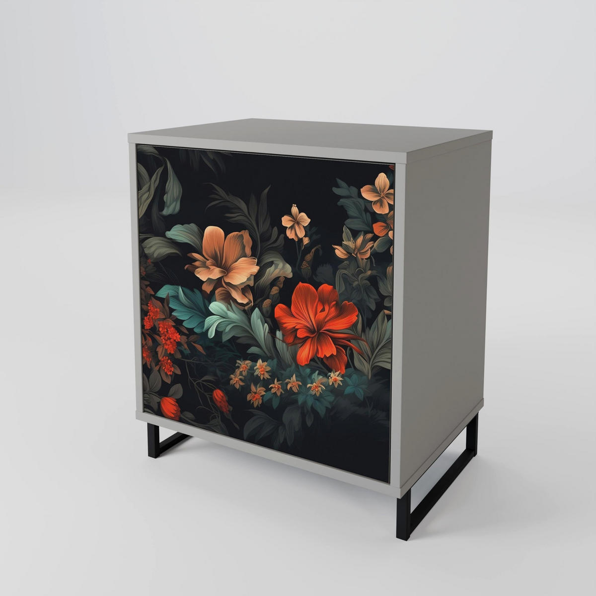 SIDEBOARD IMAGINARY BLOSSOM, Grau, 57,5x42x70,5 cm, Schwarze Metall-Sternfüße - Multicolor/Schwarz, Holzwerkstoff/Metall (57.5/70.5/42cm) - SpaceRebels