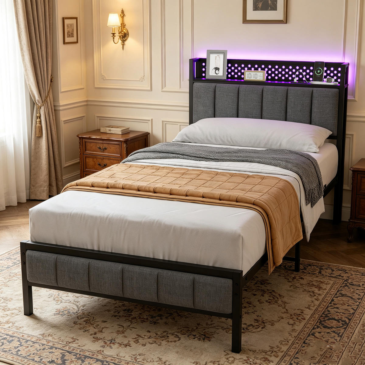 METALLBETT 90/200 cm in Schwarz mit gepolstertem Kopfteil, LED und USB - Schwarz, Holzwerkstoff/Textil (90/200cm) - CHICFURN