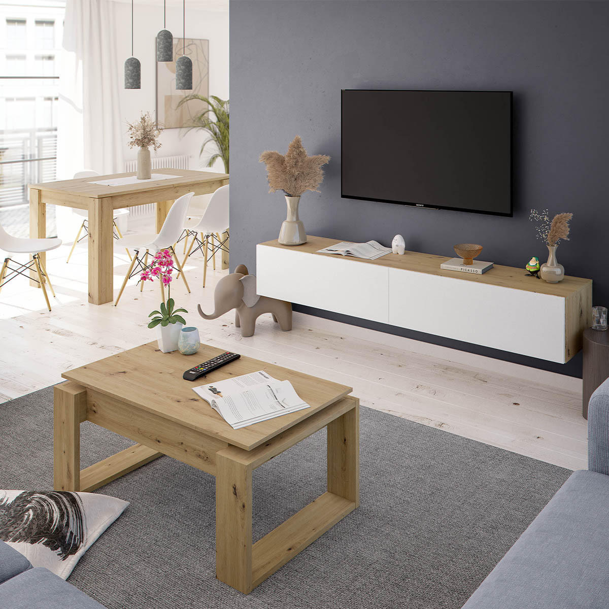 DESIGN Couchtisch mit hochklappbarer Tischplatte L102 cm - Ciara - Eiche Artisan, Holzwerkstoff (102/50/43cm) - Calicosy