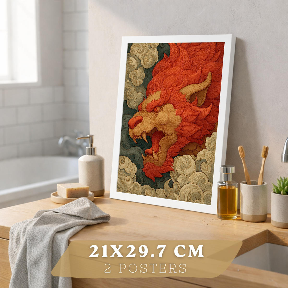 PLAKÁT Sada 2 dekorativních koupelna-Kunstdrucke japonském pro hůlku Sprcha Toilette und koupelna mit Orientalischem Drachen und Frau White Frame A4 - bílá, papír (29.7/21/3cm) - Nacnic