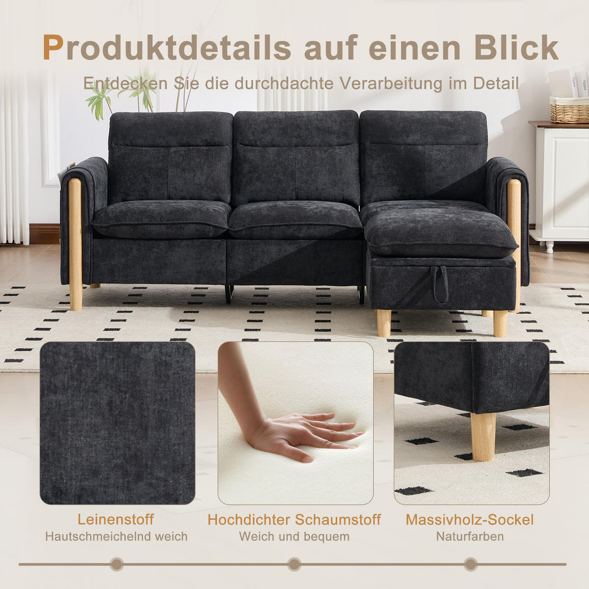 ECKSOFA DE-33940 mit Stauraumhocker und Seitentaschen Schwarz - Schwarz, Holz (77/201cm) - ComfortXL