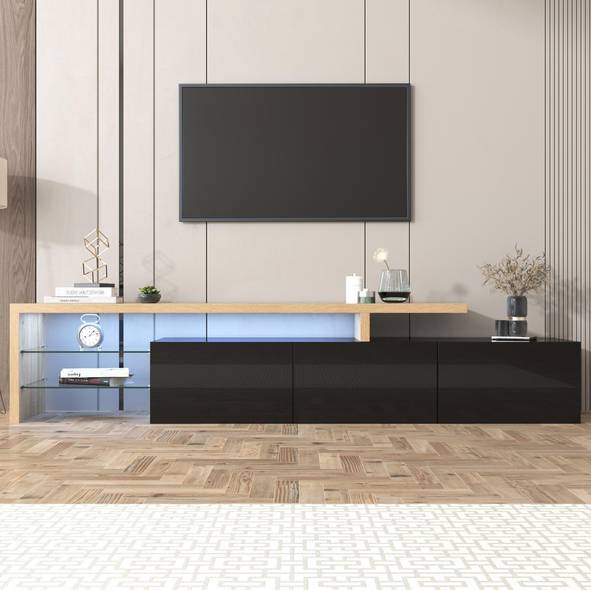 TV-SCHRANK und Glas in Schwarz Hochglanz und Holzoptik mit LED 197.5/39/42 cm - Schwarz, Holzwerkstoff (197.5/42/39cm) - Redom