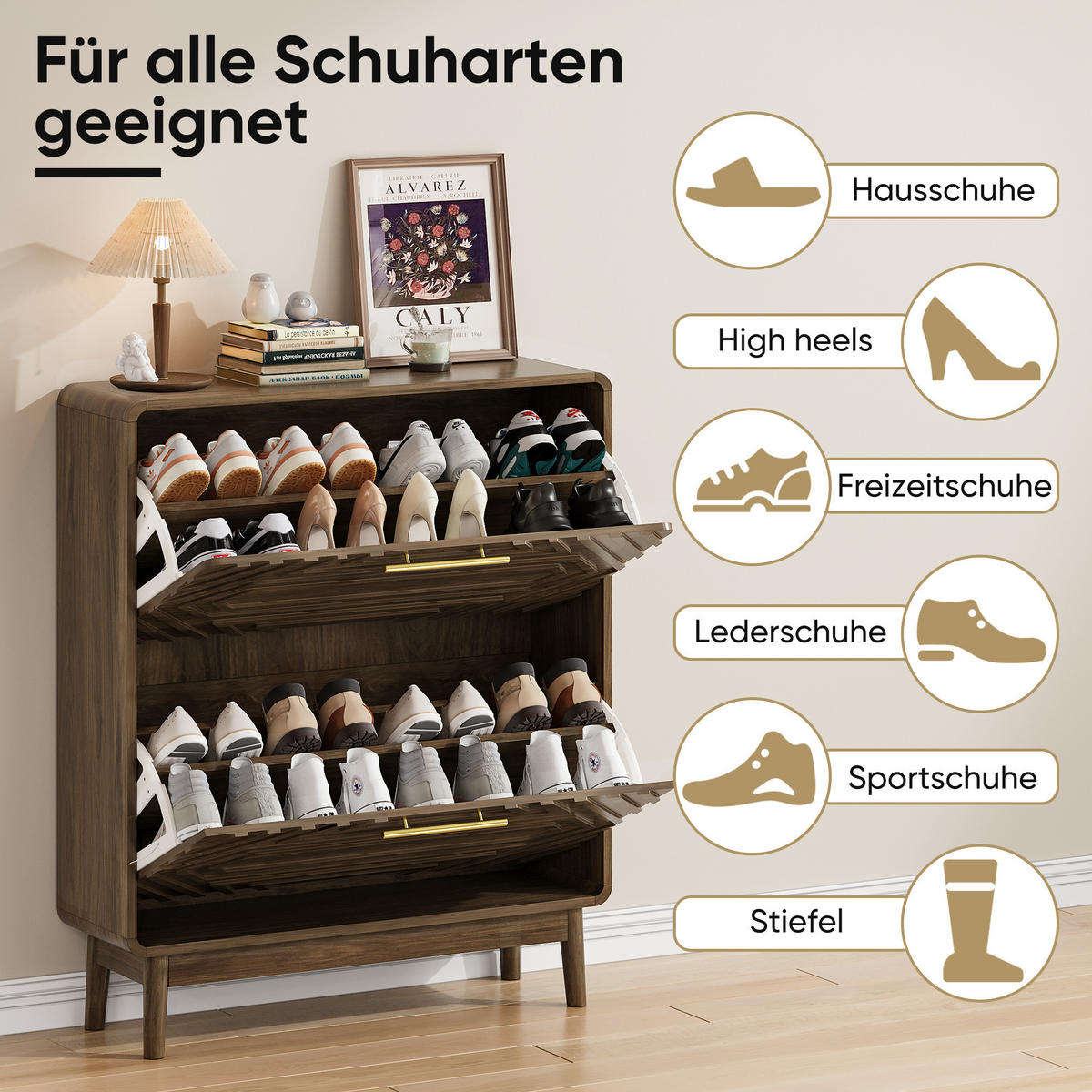 SCHUHSCHRANK Mid-Century Schuhkipper 2 Klappfächer Freistehend - Walnussfarben, Holzwerkstoff (80/95/24cm) - Urban Meuble