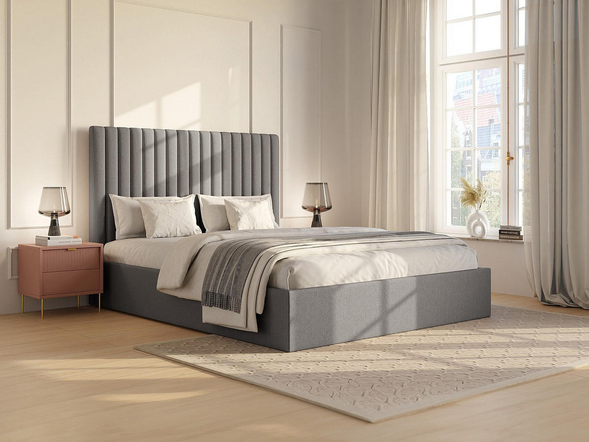 BETT mit Bettkasten - 2 Personen - Samt - Grau - Grau, Textil (160/200cm) - Vente-Unique