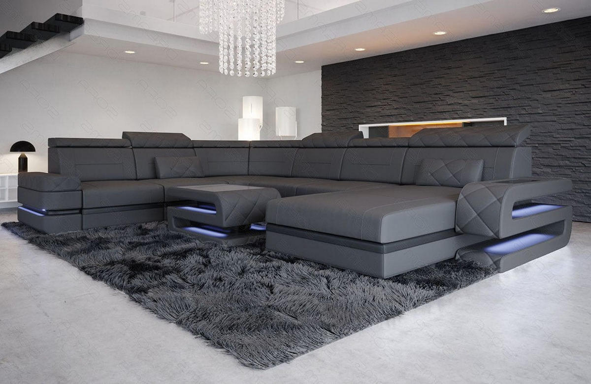 WOHNLANDSCHAFT Bologna Grau Schwarz Echtleder - Grau, Leder (397/89/299cm)