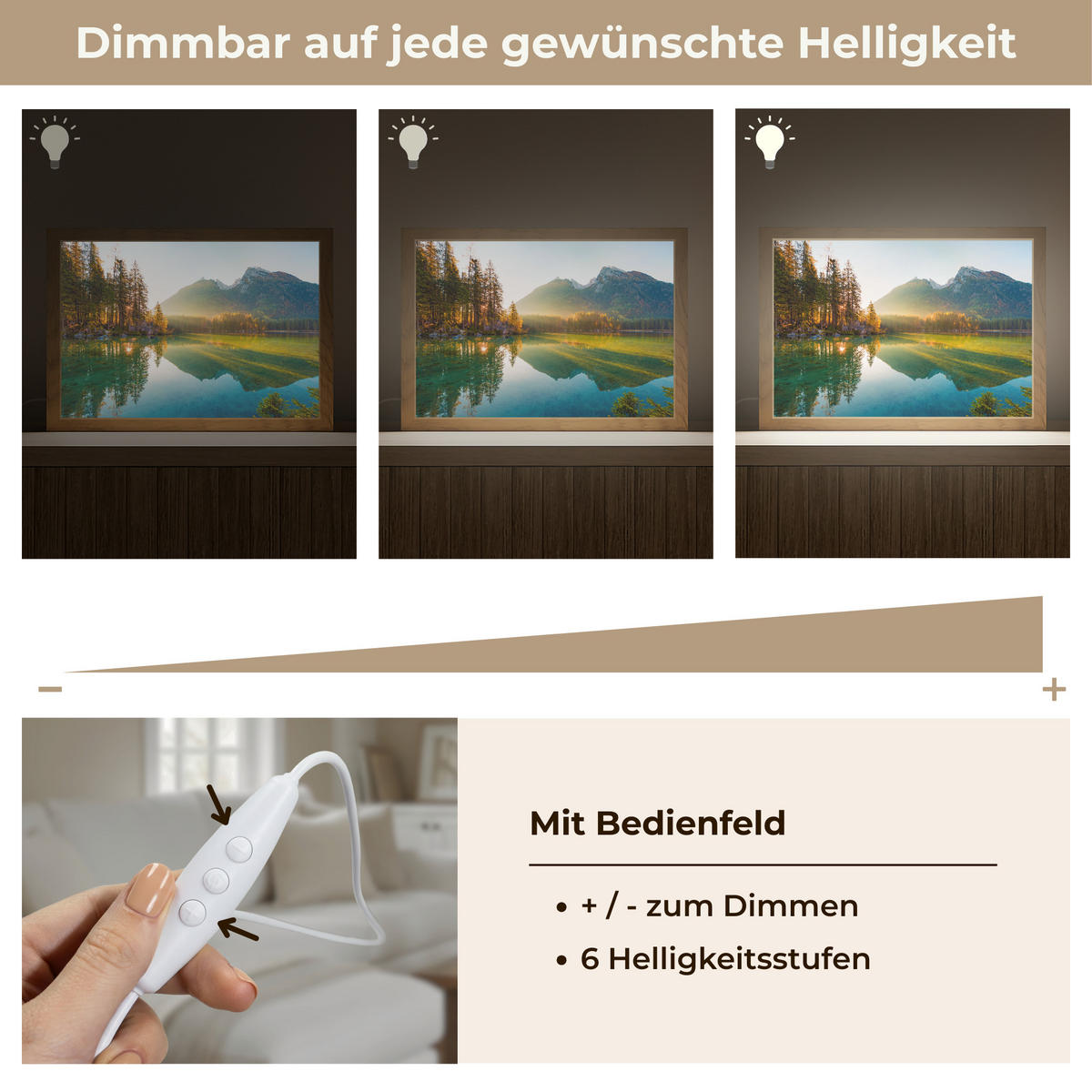 WANDLEUCHTE See - Wald - Berge - Natur - Sonne - Landschaft 30x20 cm - Grün, Holzwerkstoff (30/20/8cm) - OnlyWow