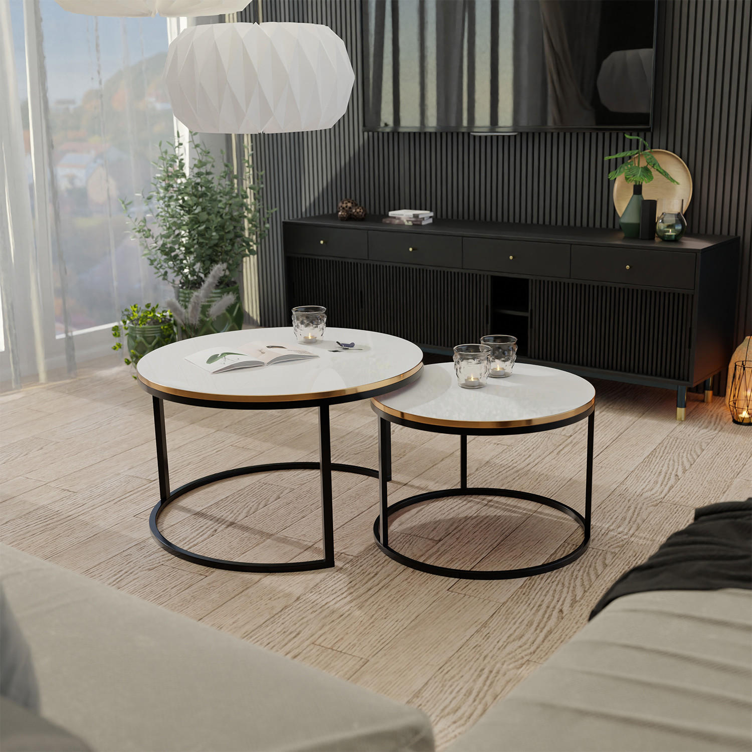 COUCHTISCH rund Klein, Weißglanz, Rahmen Schwarz+gold furnier - Goldfarben/Schwarz, Holzwerkstoff (70/70/48cm) - Idohome
