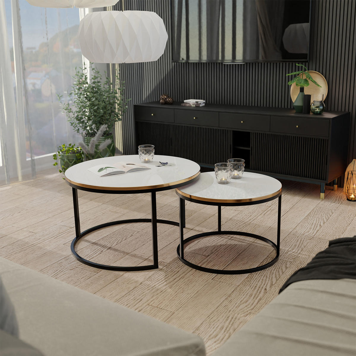 COUCHTISCH rund Klein, Weißglanz, Rahmen Schwarz+gold furnier - Goldfarben/Schwarz, Holzwerkstoff (70/70/48cm) - Idohome