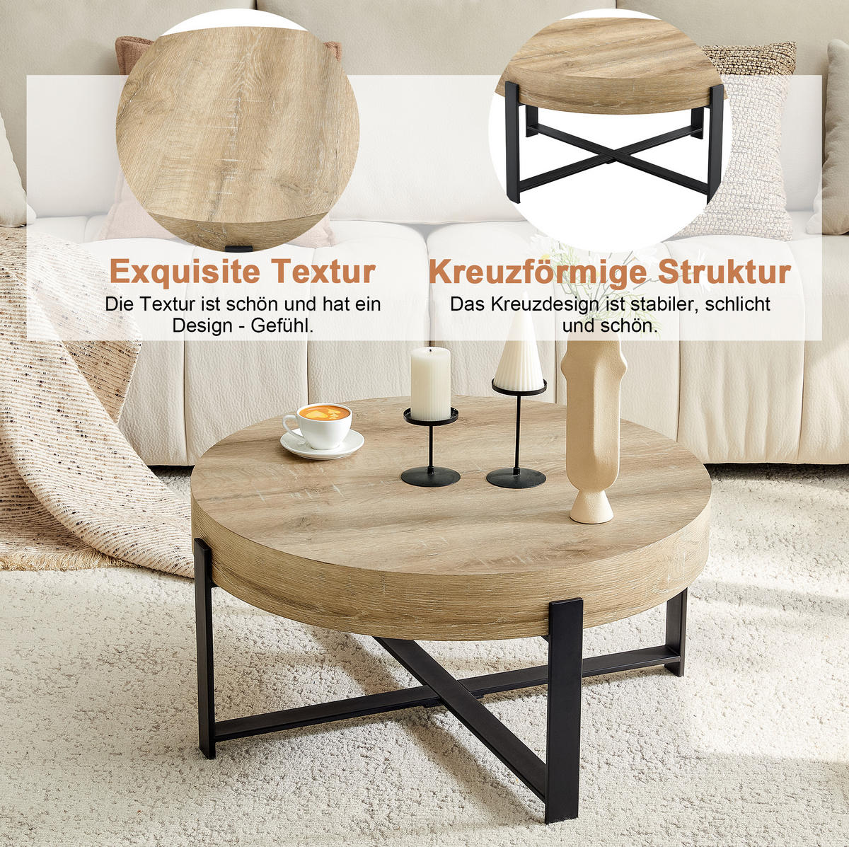 COUCHTISCH 68/68/36 cm aus MDF und Metall mit verdickter Tischplatte und Kreuzgestell, Schwarz, Holzfarben - Schwarz, Holzwerkstoff (68/68/36cm) - Redom