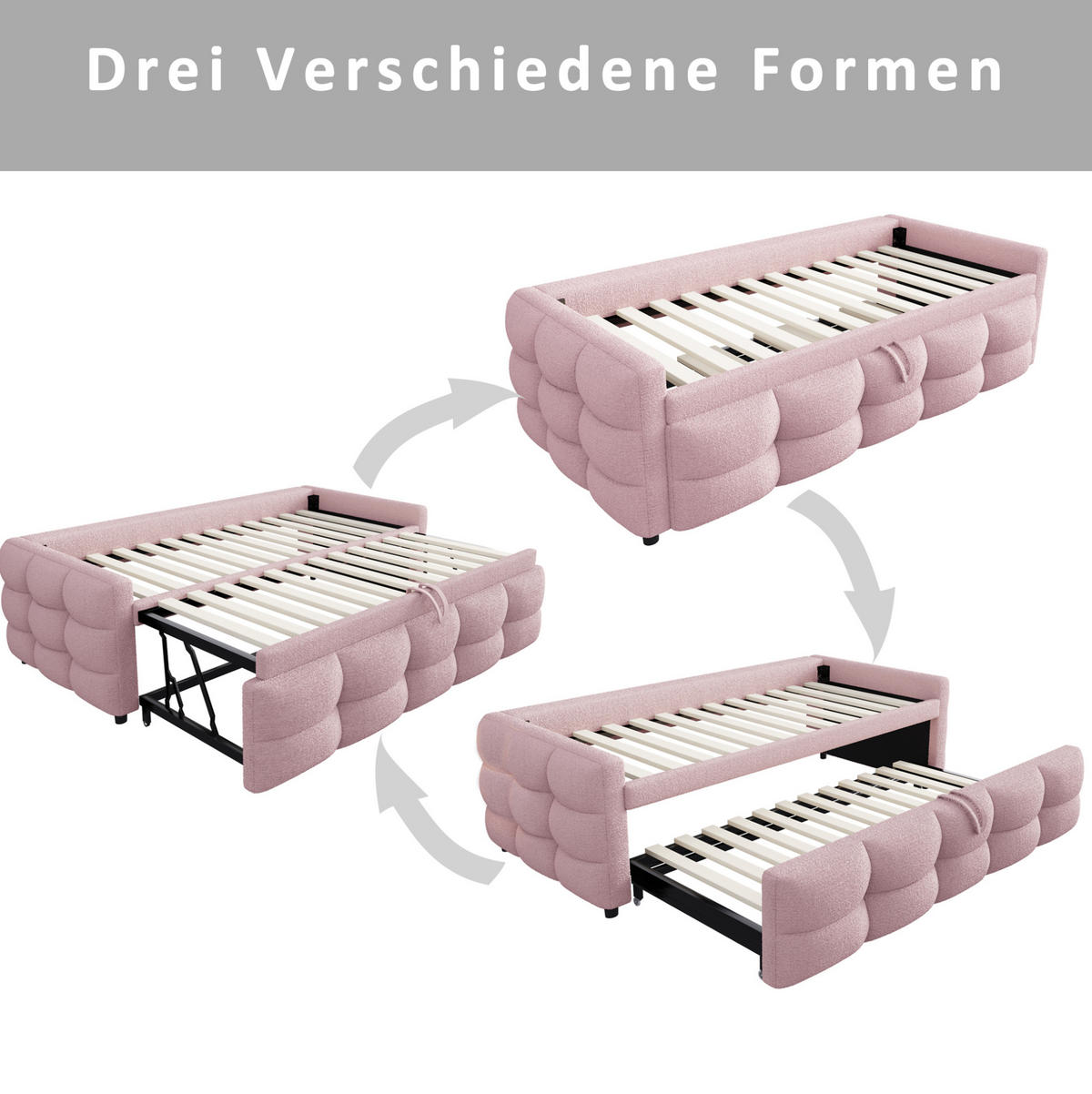 POLSTERBETT 90/190 cm ausziehbar auf 180/190 cm mit Teddybezug in Rosa - Rosa, Textil (90/190cm) - BEAOK