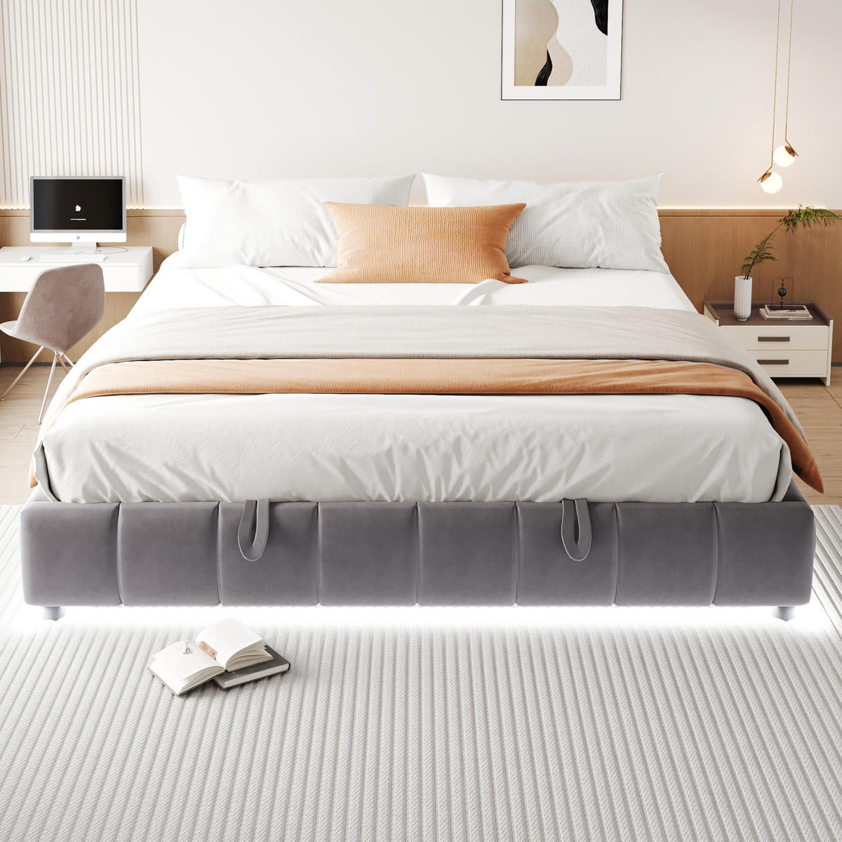 POLSTERBETT 180/200 cm aus Flanell mit LED-Lichtleiste, hydraulischem Stauraum und Metallrahmen, Grau - Grau, Textil (180/200cm) - Redom