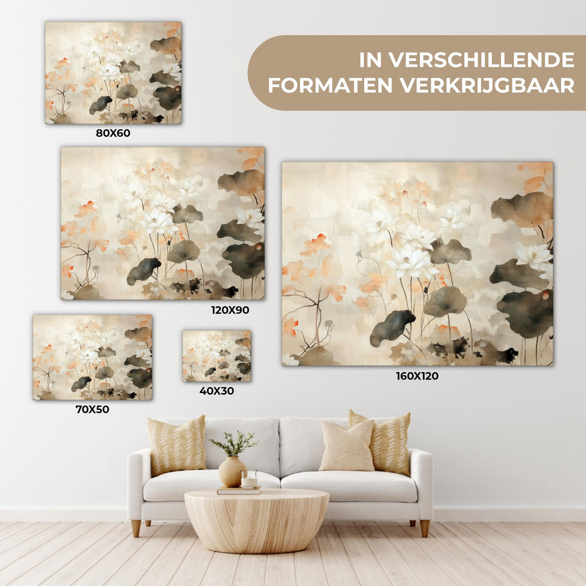 LEINWANDBILD Blumen - Japandi - Wabi sabi Wandbilder 80x60 cm - Sandfarben, Textil (80/60cm) - MuchoWow