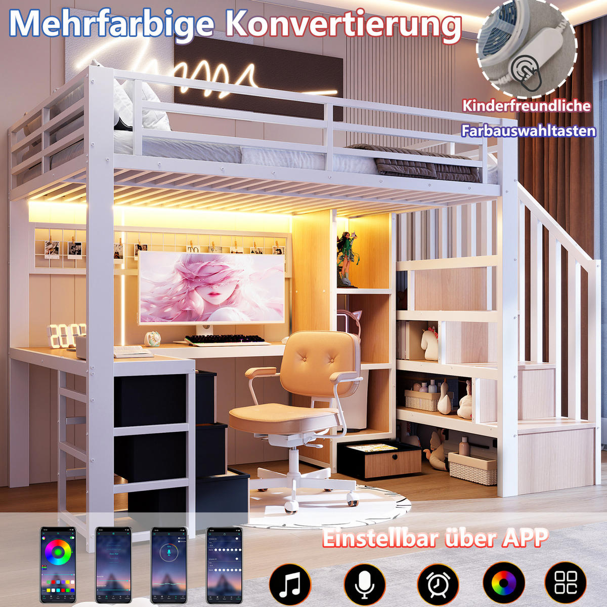 HOCHBETT 90/200 cm mit LED-Beleuchtung, Schreibtisch, Stauraumtreppe und 4 Schubladen, Metall/MDF, Weiß - Weiß, Metall (90/200cm) - Redom