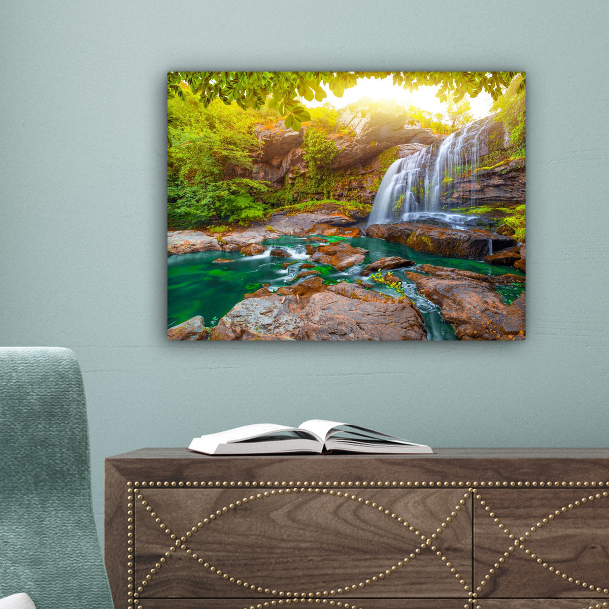 LEINWANDBILD Natur - Wasserfall - Pflanzen - Bäume - Sonne Wandbild 40x30 cm - Olivgrün, Textil (40/30cm) - MuchoWow