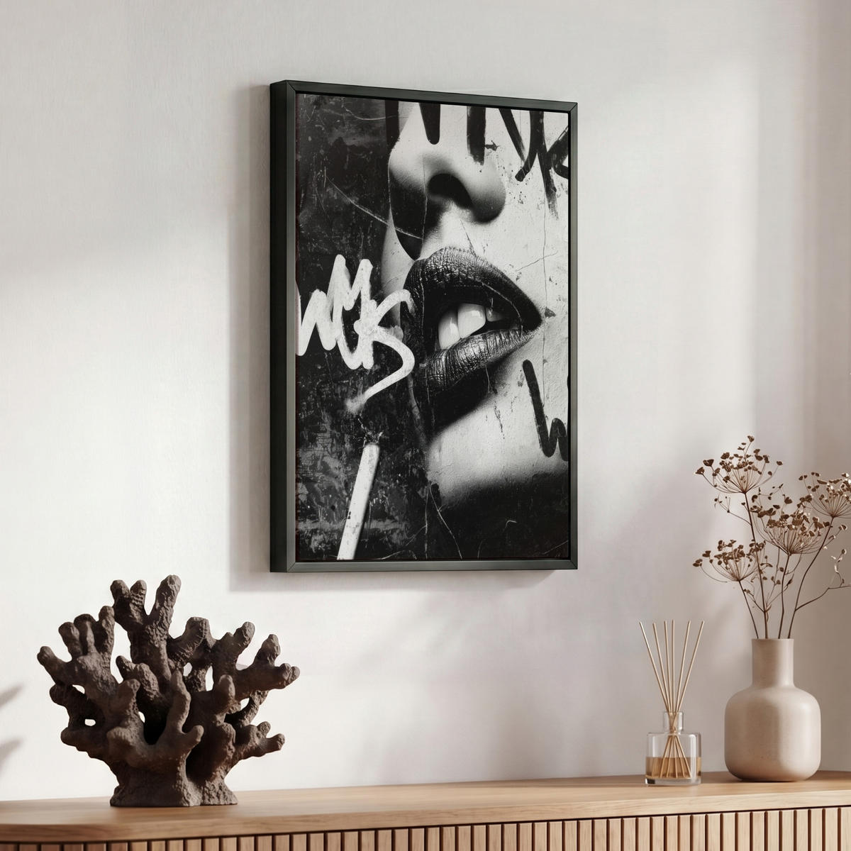 LEINWAND Bilder mit Rahmen - Gesicht - Mund - Graffiti - Schwarz - 30x40 - Schwarz, Textil (30/40cm) - MuchoWow