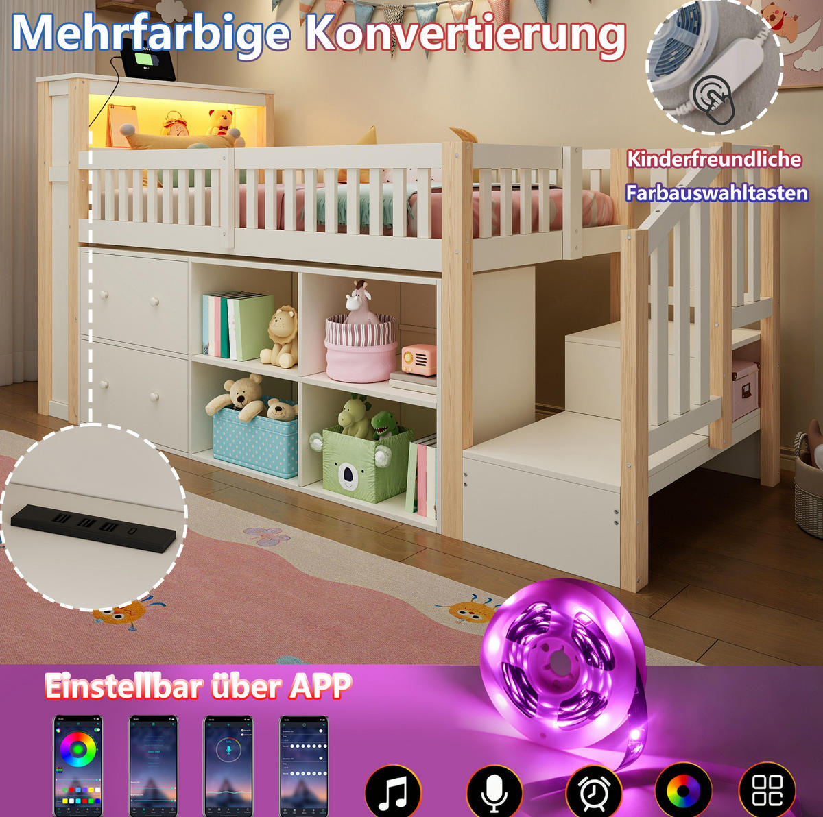 HALBHOHES Bett aus Kiefernholz und MDF 90x200 cm Natur mit Stauraum, LED-Beleuchtung und USB-Anschlüssen - Naturfarben, Holzwerkstoff (90/200cm) - IVMEU
