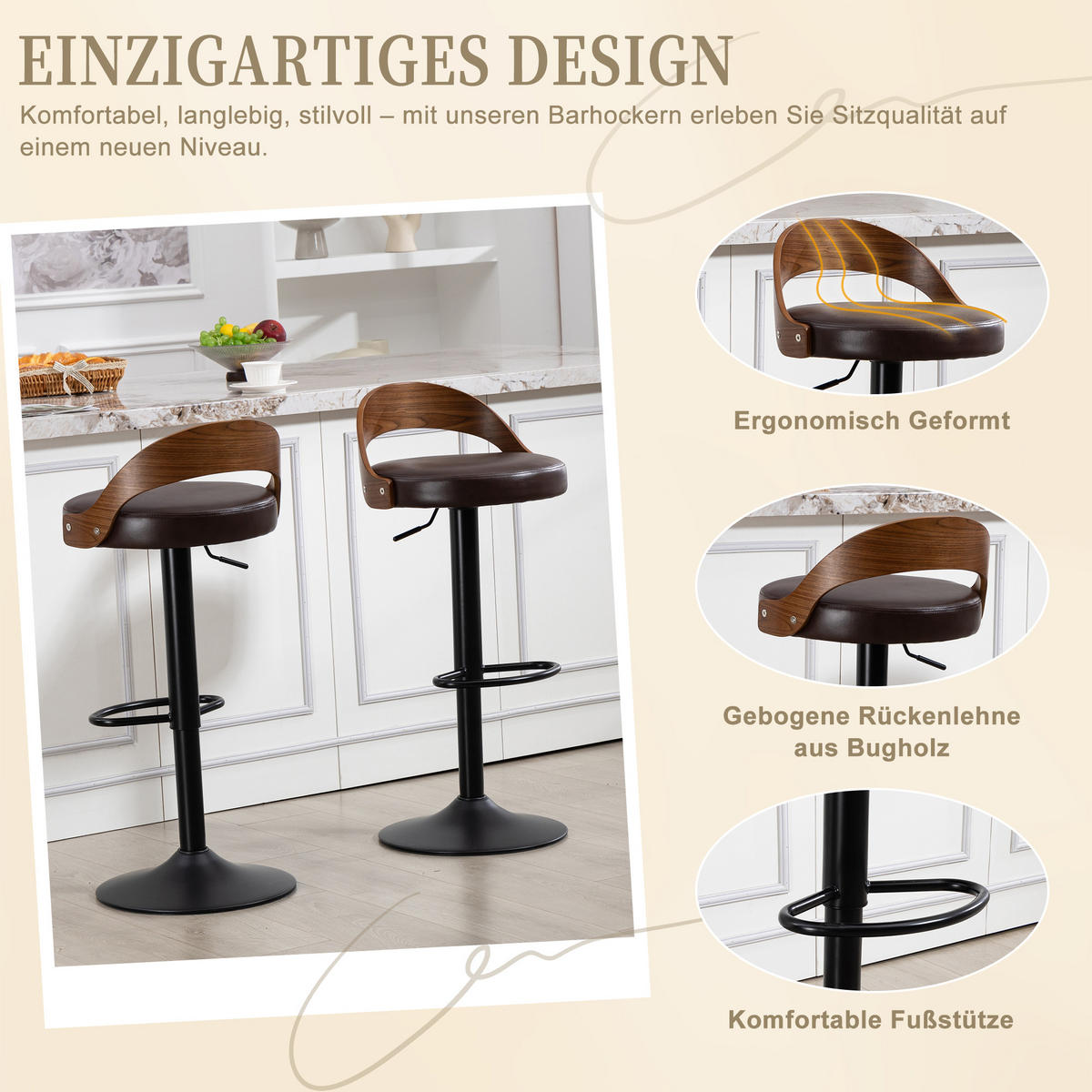 BARHOCKER 2er-Set drehbar mit PU-Sitz und Walnussholz, Braun - Braun, Kunststoff (42.5/77/42cm)