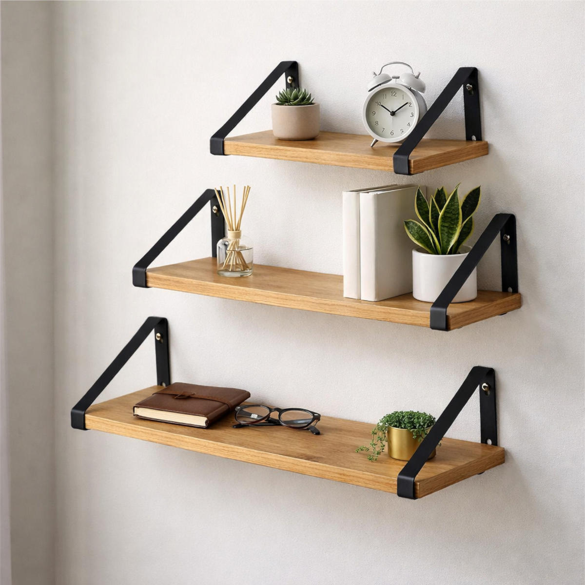 WANDREGAL Holzoptik Metall Eichefarben Schwarz SET 3 STK 40x12x11 cm 35x12x11 cm 30x12x11 cm - Eichefarben/Schwarz, Holzwerkstoff/Metall (12/11/40cm) - Begryf