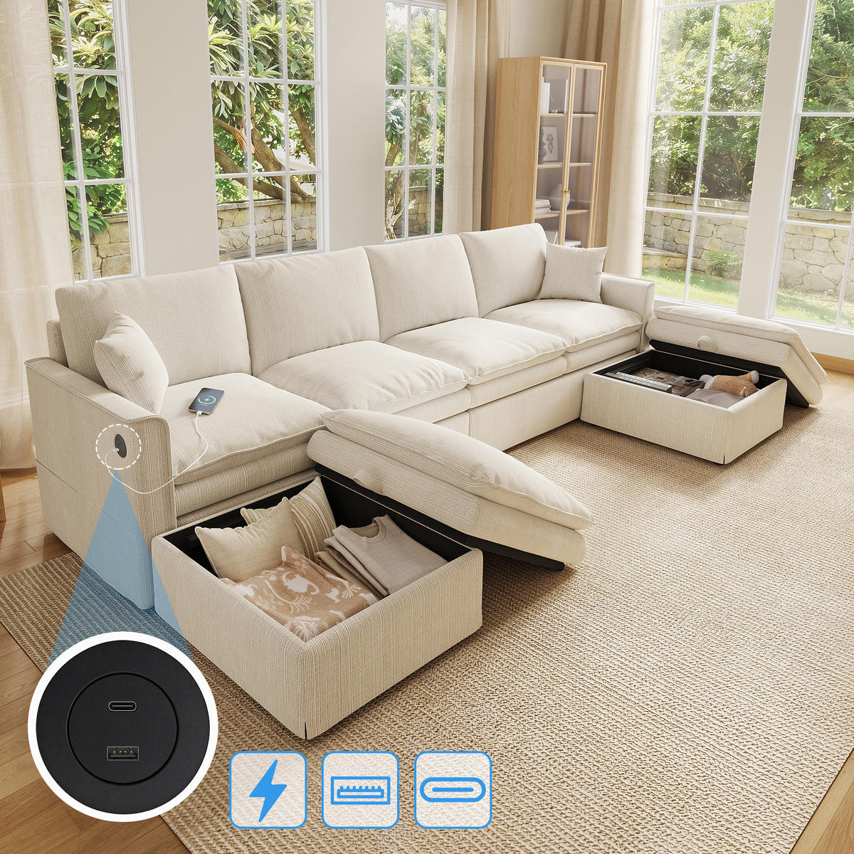 WOHNLANDSCHAFT U-/L-Form 6-Sitzer Modulsofa mit 2 Stauraum-Hockern, DE-42512, Beige - Beige, Holzwerkstoff (277/80/135cm) - ComfortXL