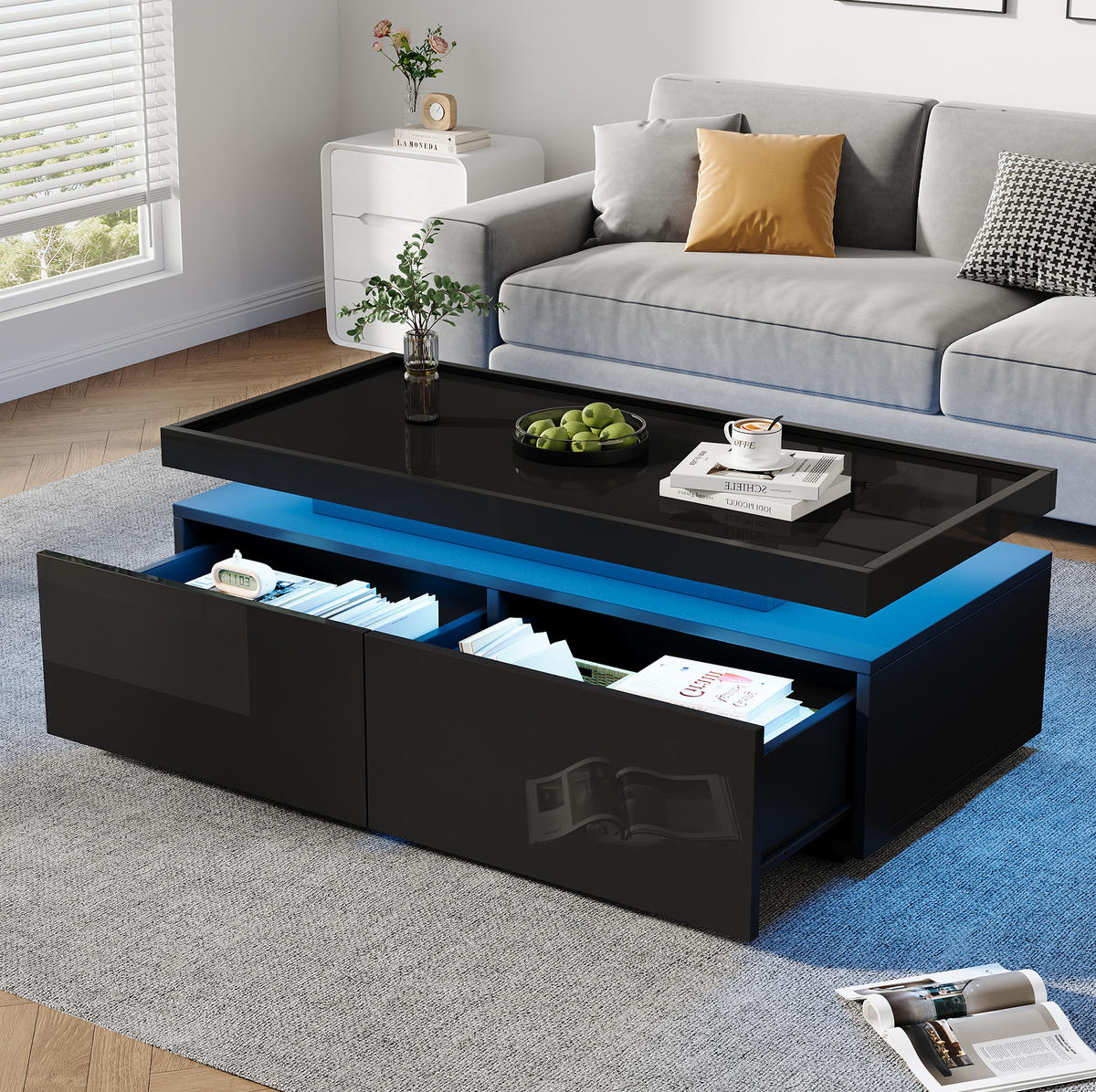 COUCHTISCH aus Spanplatte 95x45x35 cm in Schwarz mit LED & 2 Schubladen - Schwarz, Holzwerkstoff (95/45/35cm) - Modfu