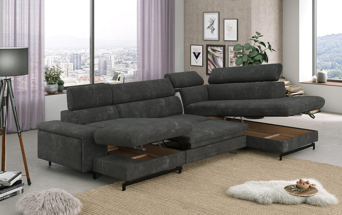 WOHNLANDSCHAFT mit Schlaffunktion und Bettkasten, Orlando-Stoff - Dunkelgrau/Schwarz, Kunststoff/Textil (215/81/328cm) - Cotta