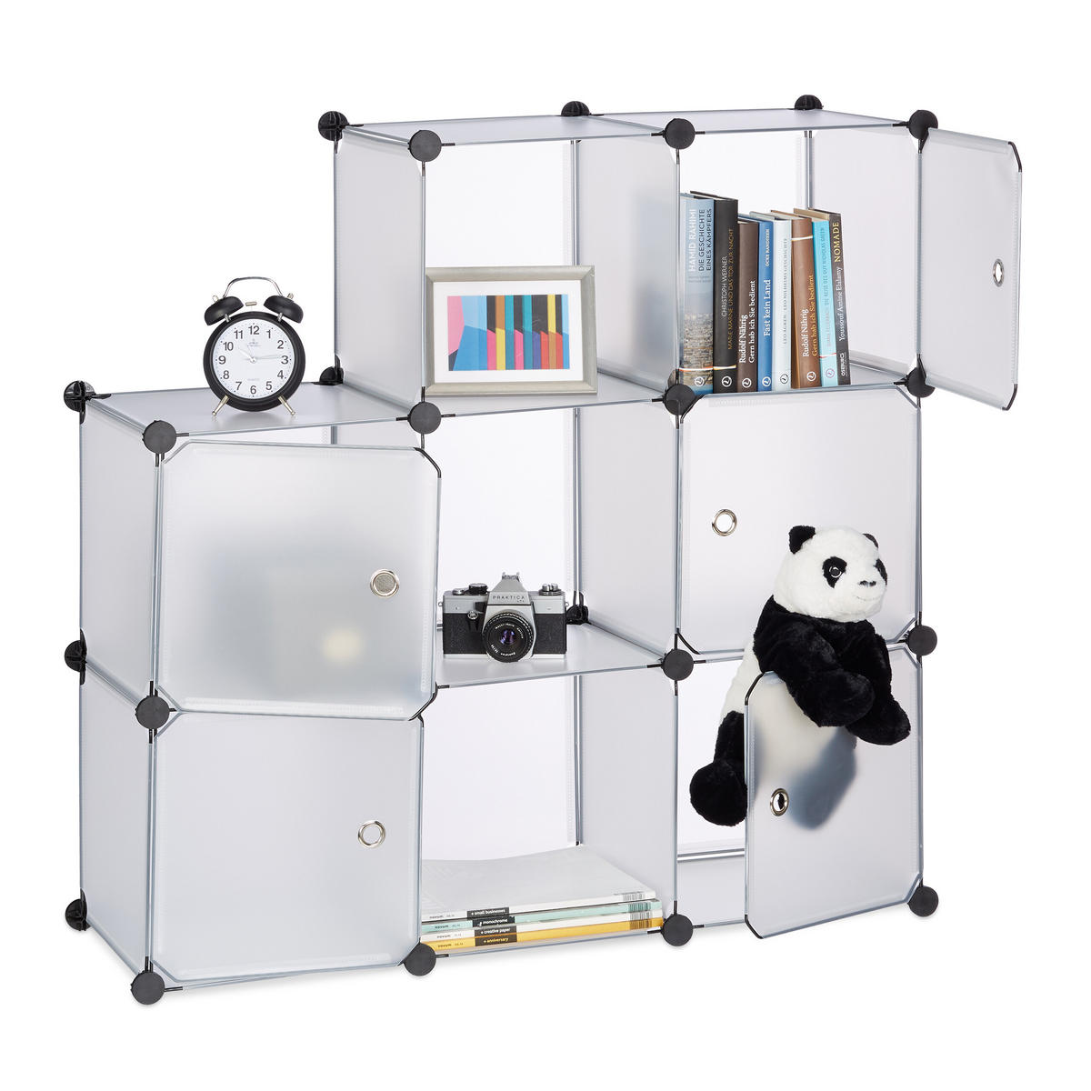 REGÁL transparentný 9 priehradiek s dvierkami 95,5 cm - priehľadné, kov/plast (95.5/95.5/32cm) - Relaxdays