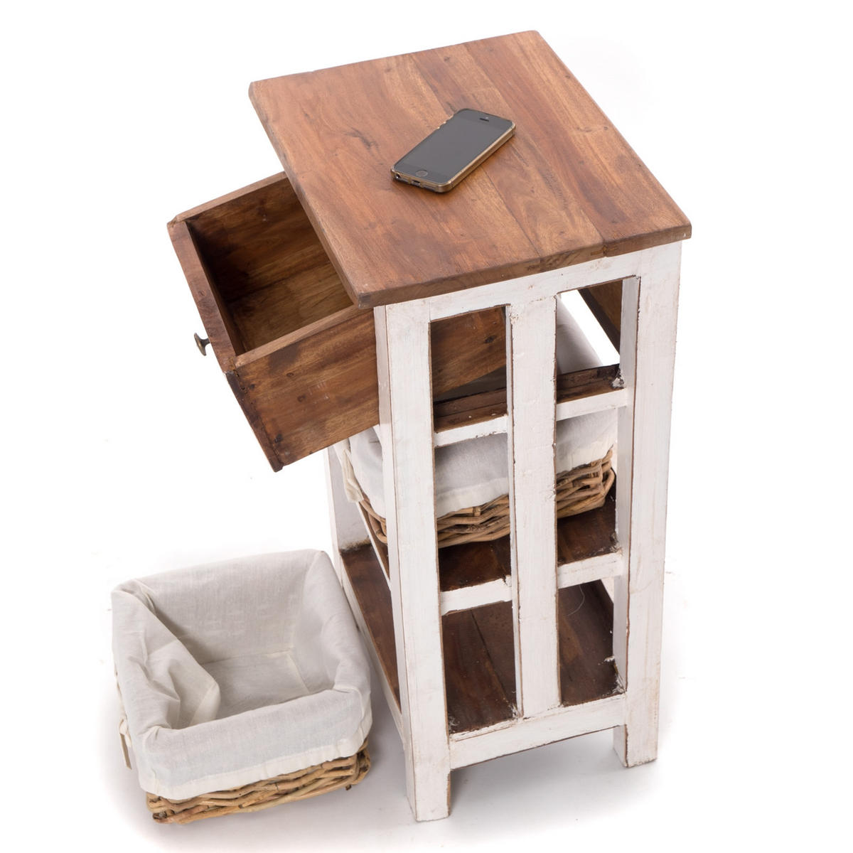TELEFONTISCH RATTAN 70 mit 2 Rattan-Körben und Schublade, Mahagoni massiv 06 weiß-landhaus - Weiß, Holz (28/38/70cm) - DESIGN DELIGHTS