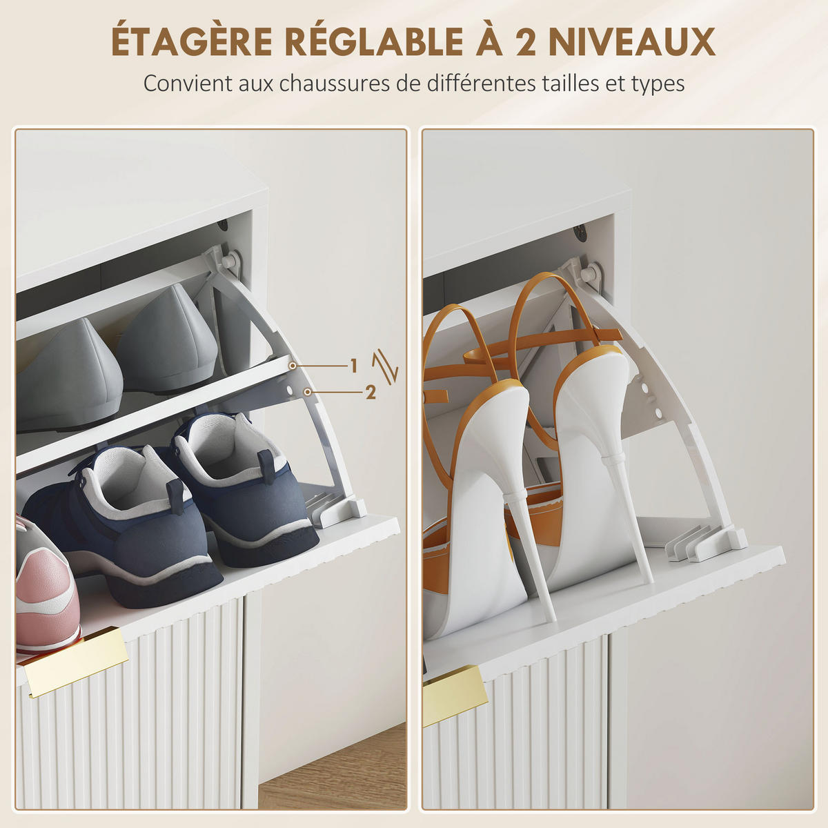 SCHUHSCHRANK DE-15042 4 Klapptüren mit Rillenfront & verstellbaren Böden Weiß - Weiß, Holzwerkstoff (105/91.5/24cm) - ComfortXL