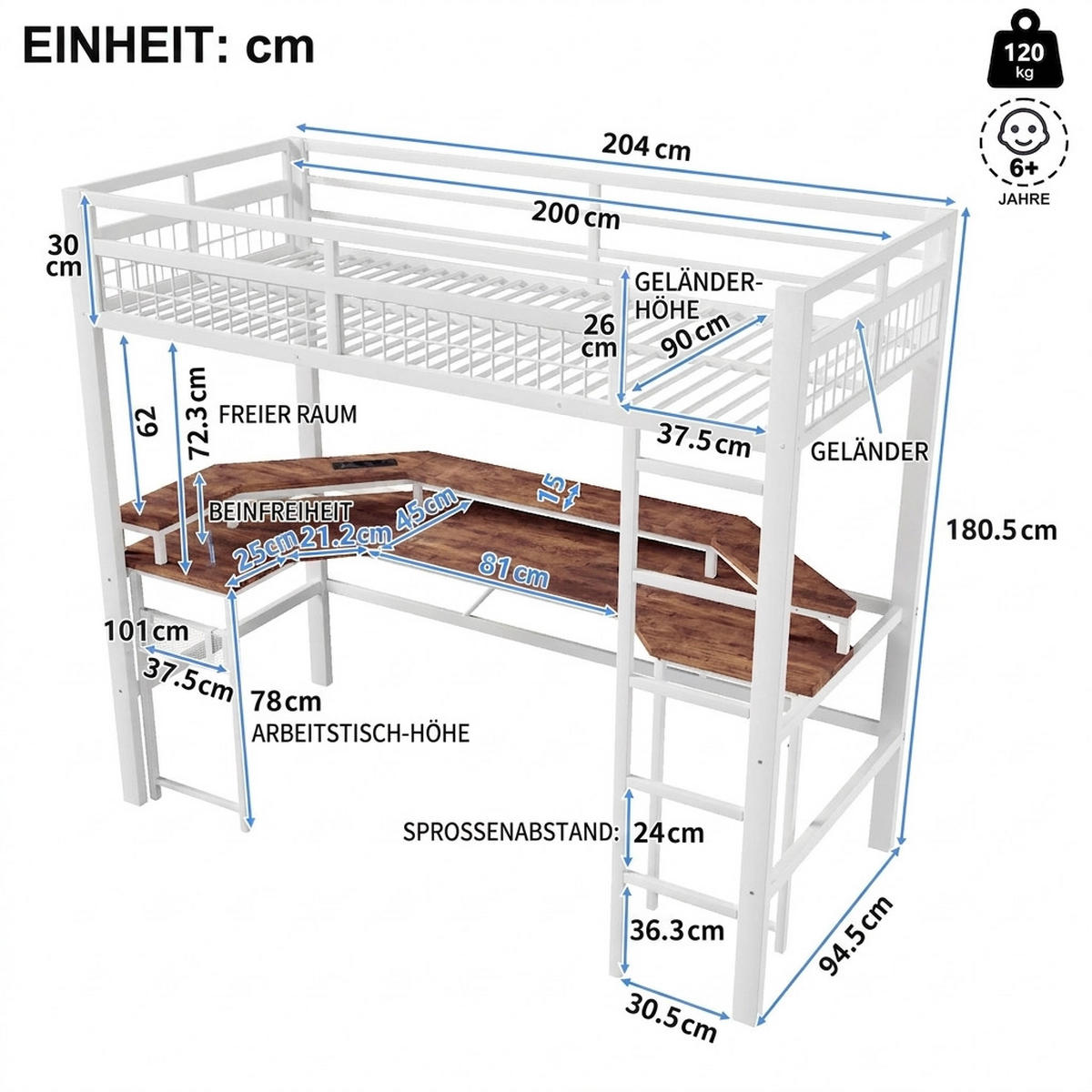 HOCHBETT 90/200 cm Weiß mit LED-Lichtleiste, Schreibtisch, 1 USB-Anschluss + 1 Typ-C-Anschluss und 2 Steckdosen - Weiß, Metall (90/200cm) - Oxeza
