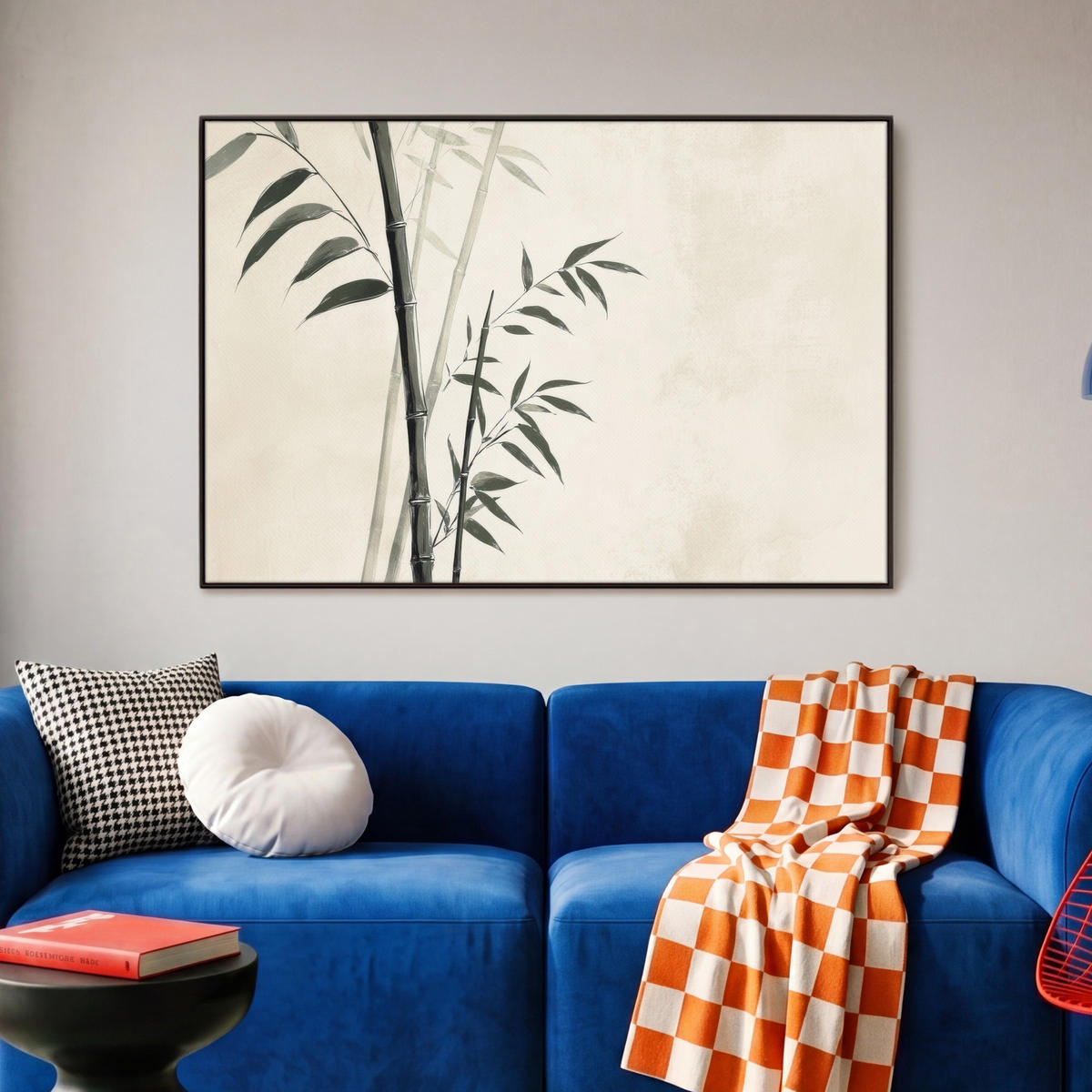 LEINWAND Bilder mit Rahmen - Japandi - Bambus - Beige - 90x60 - Eukalyptusholzfarben, Textil (90/60cm) - MuchoWow