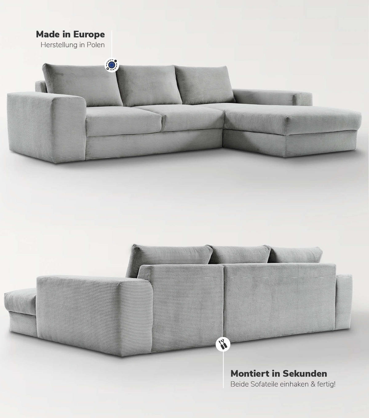 ECKSOFA Der Klassiker Recamiere rechts - Grau, Textil (280/190cm) - Mokebo