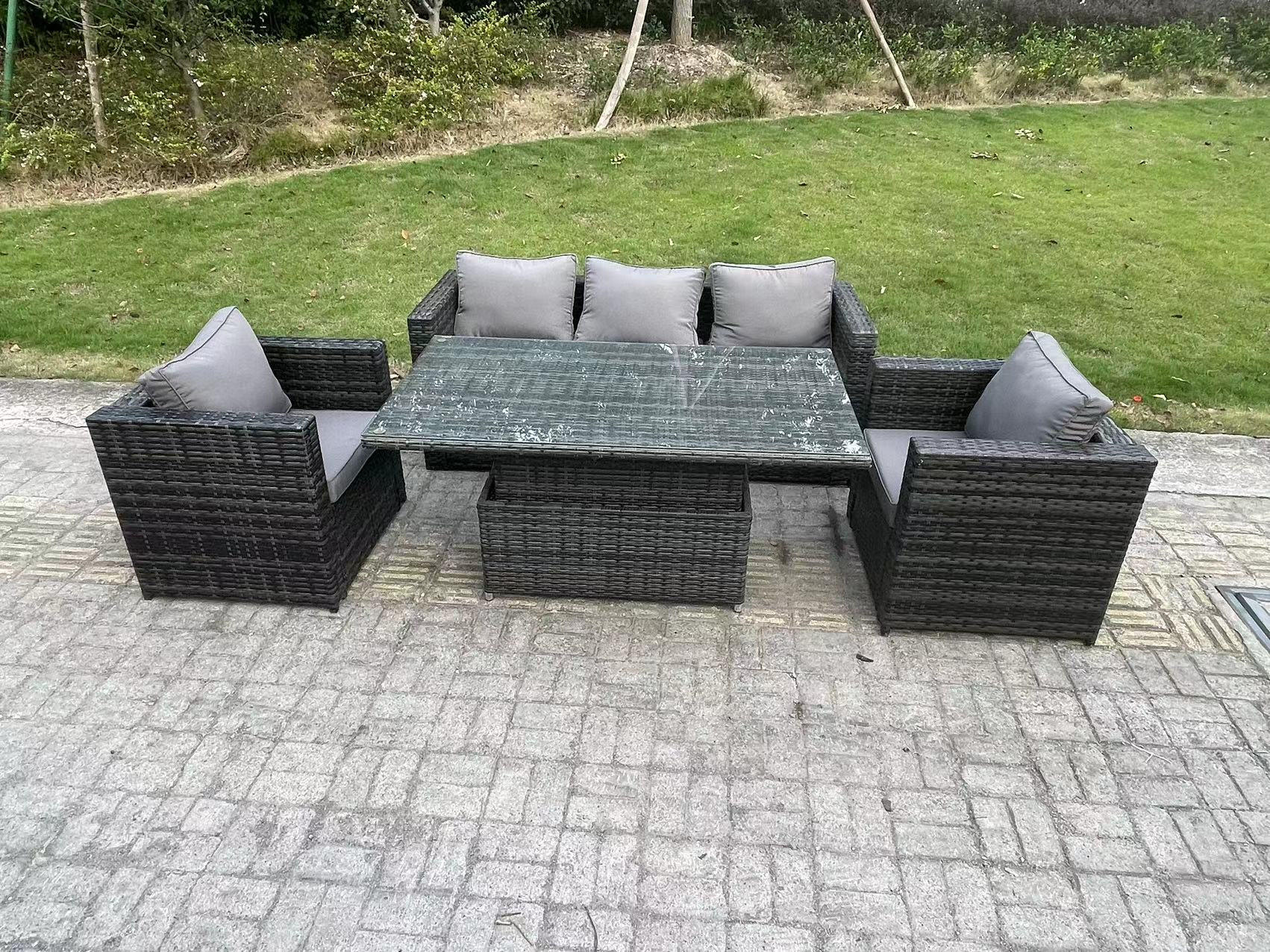 GARTENMÖBEL SET PE Polyrattan 5-Sitzer Grau - Dunkelgrau/Grau, Glas/Kunststoff - Fimous