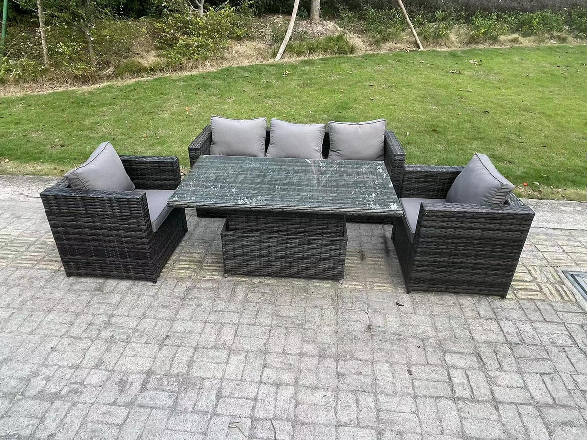 GARTENMÖBEL SET PE Polyrattan 5-Sitzer Grau - Dunkelgrau/Grau, Glas/Kunststoff - Fimous