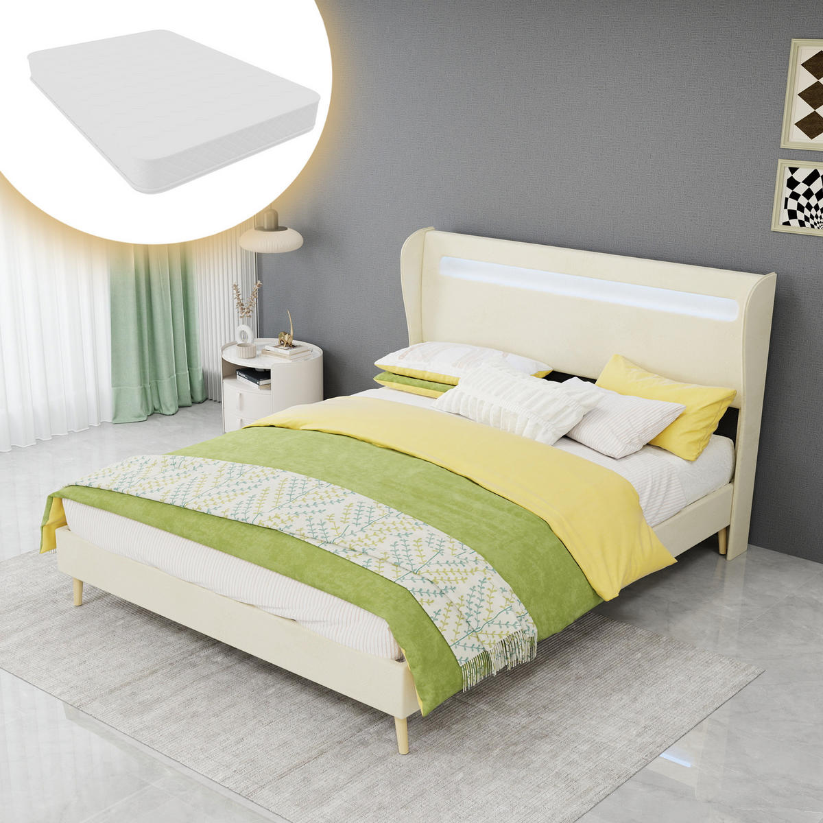 POLSTERBETT 140/200 cm DE-32987 mit LED-Kopfteil und Matratze Beige - Beige, Metall (140/200cm) - ComfortXL